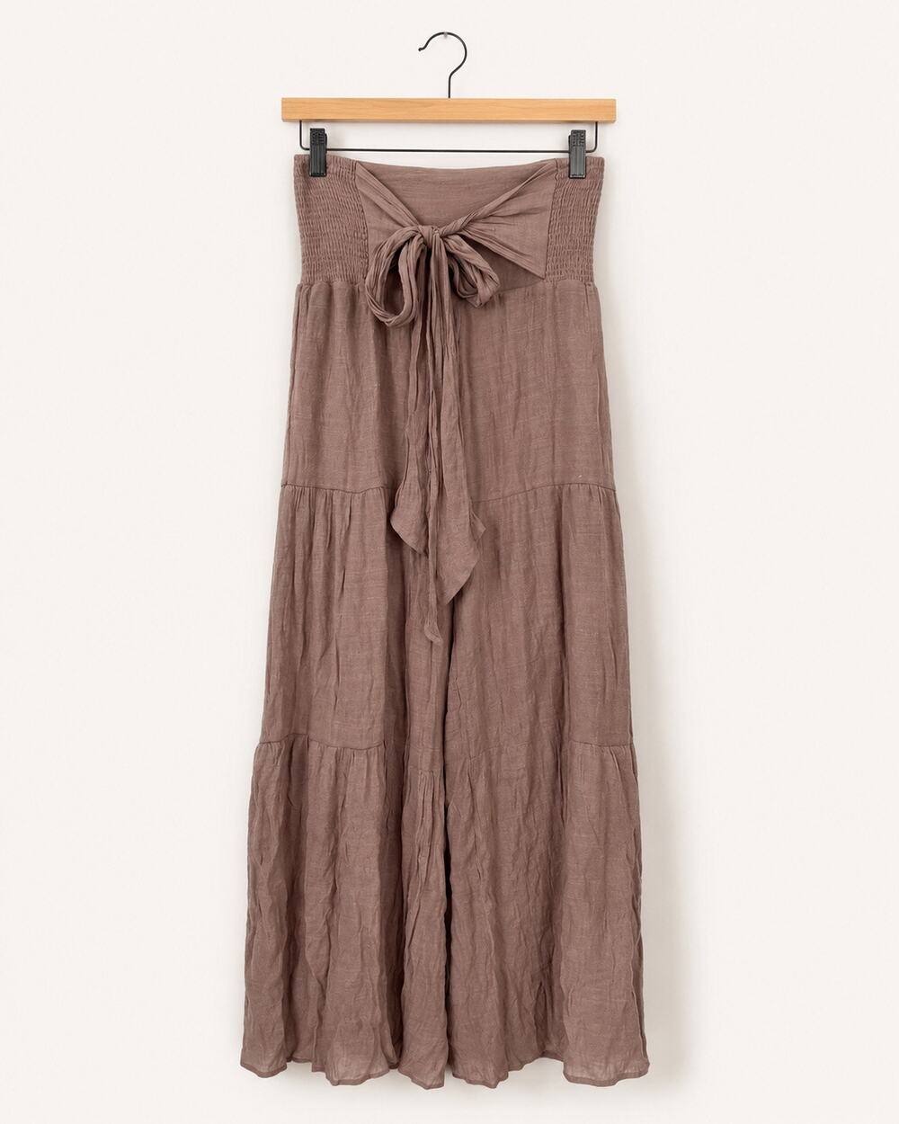 Women’s Brown Linen Blend Wide Leg Pants High Waist Tie Front Boho Palazzo Sz S